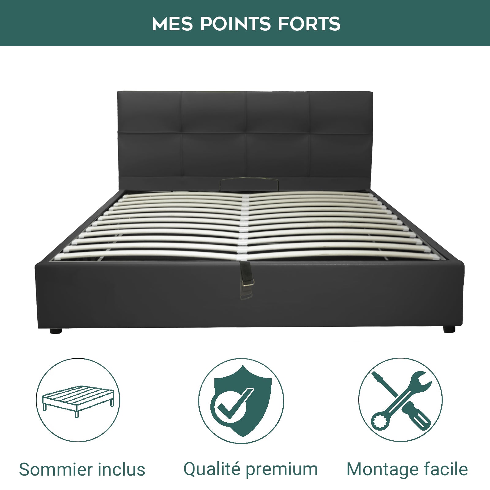 Lit coffre VariLuxe innovant - Tête de lit interchangeable : Simili cuir et grand coffre