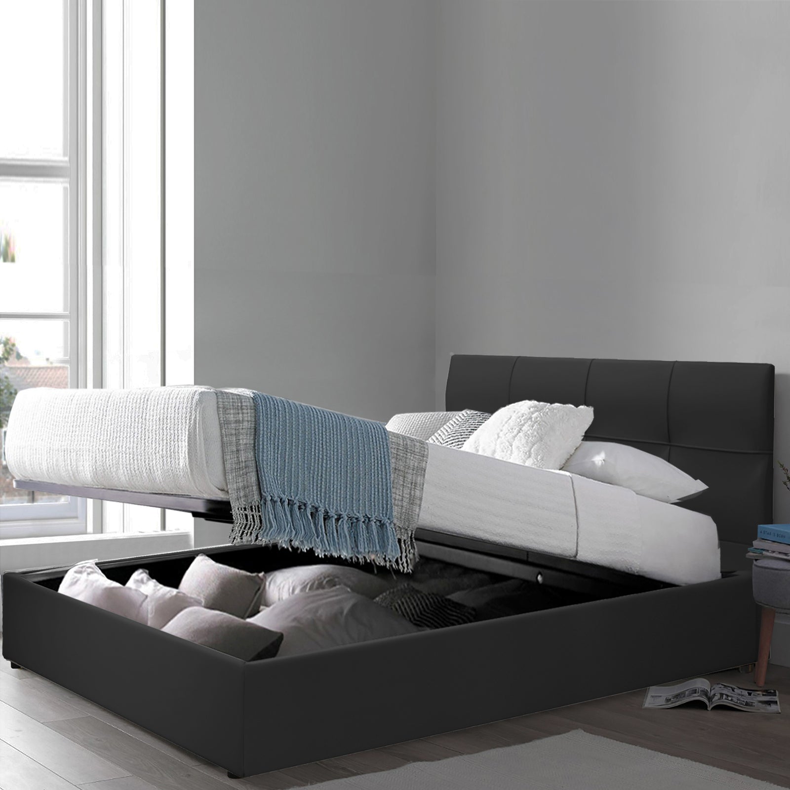 Lit coffre VariLuxe innovant - Tête de lit interchangeable : Simili cuir et grand coffre