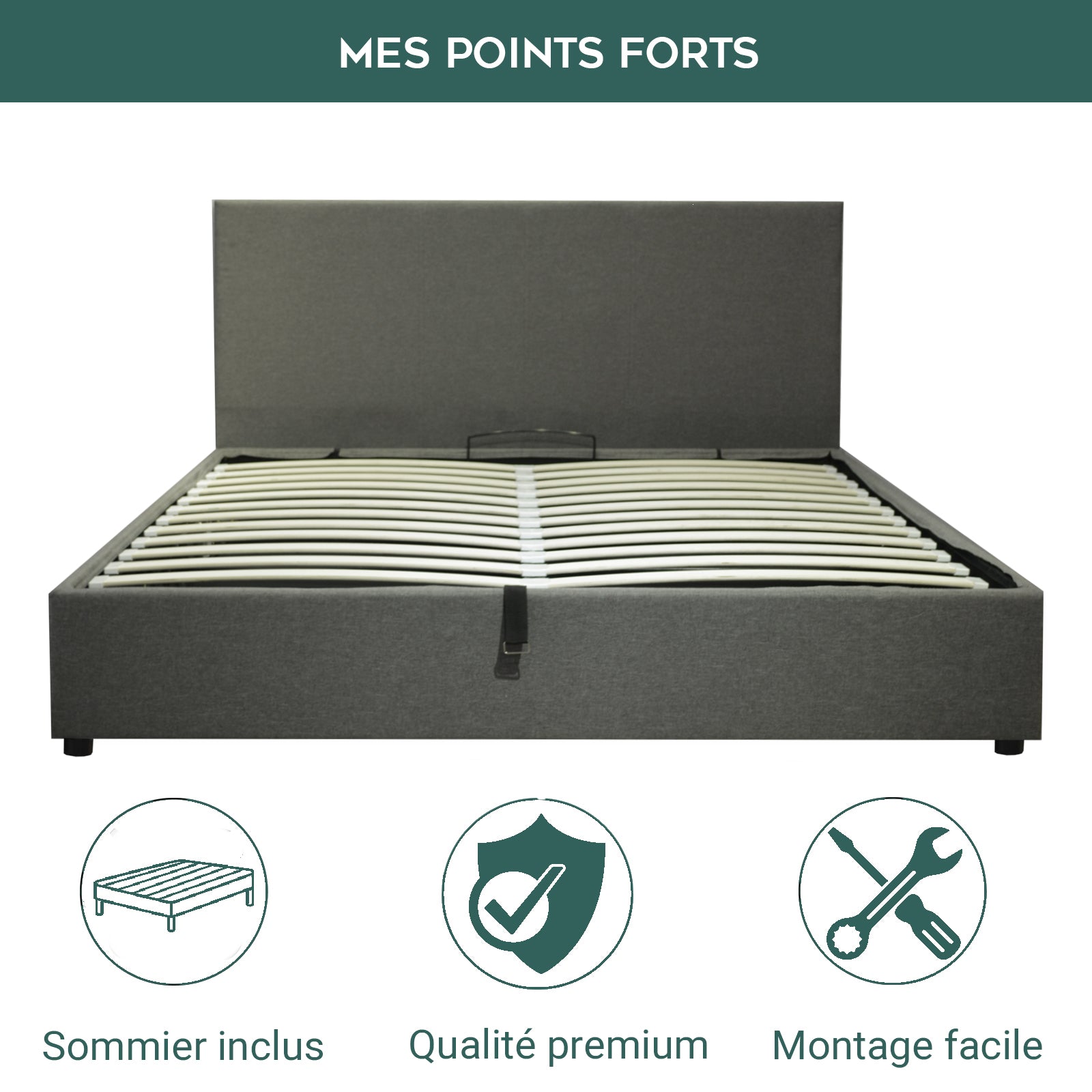 Lit coffre tissu, tête de lit, grand espace de stockage - Collection Versailles