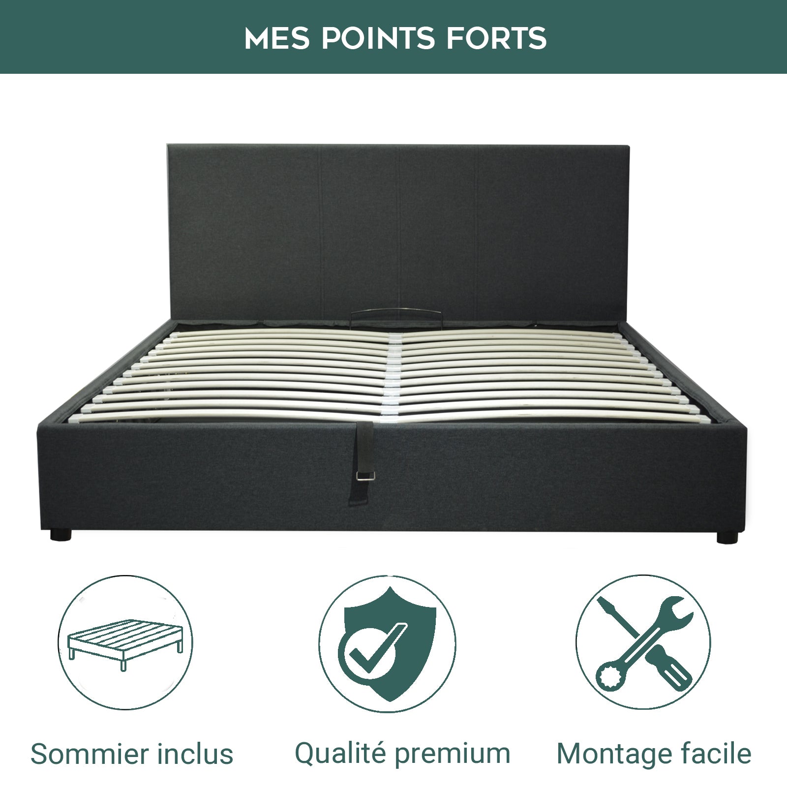 Lit coffre tissu, tête de lit, grand espace de stockage - Collection Versailles