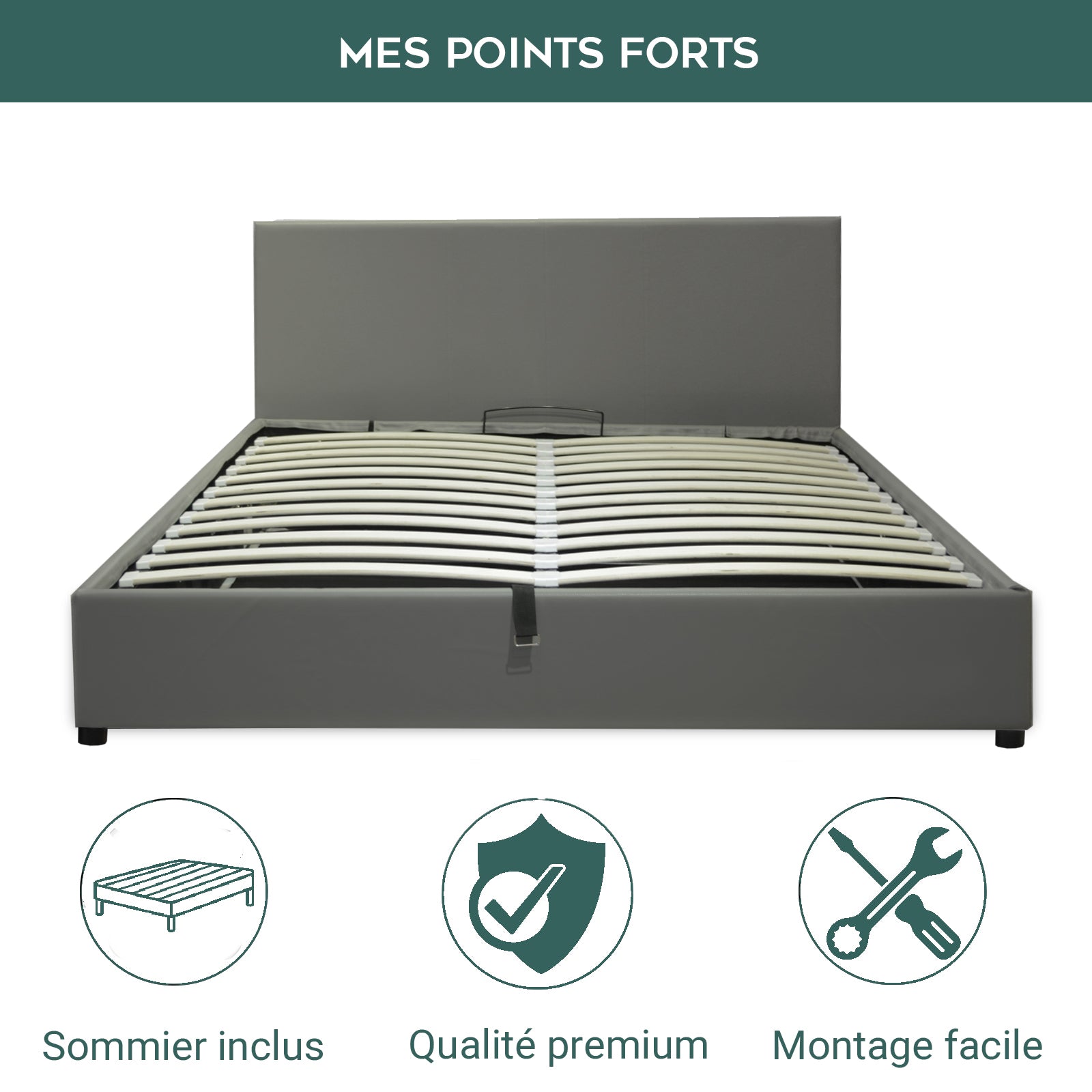 Lit coffre VariLuxe innovant - Tête de lit interchangeable : Simili cuir et grand coffre