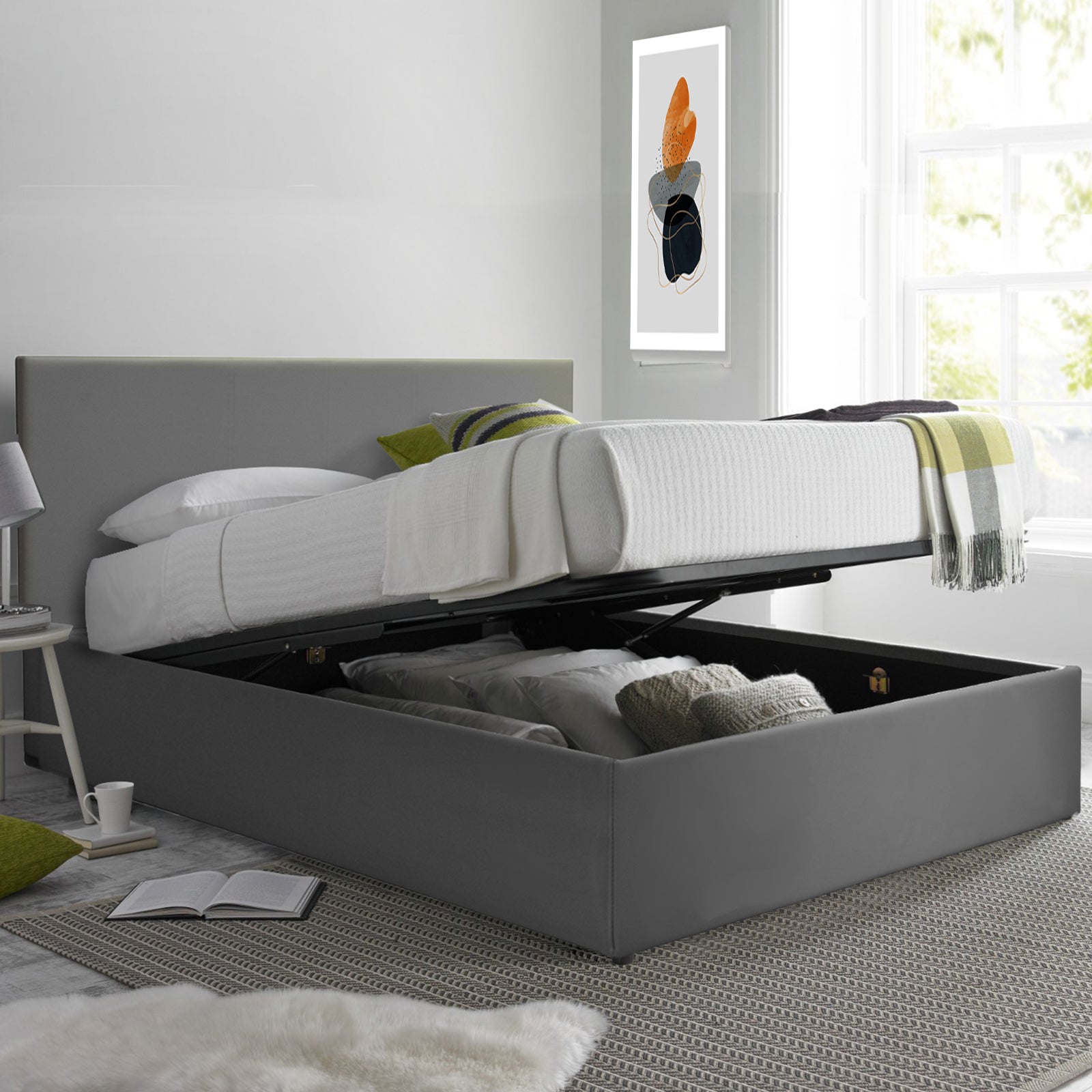 Lit coffre VariLuxe innovant - Tête de lit interchangeable : Simili cuir et grand coffre