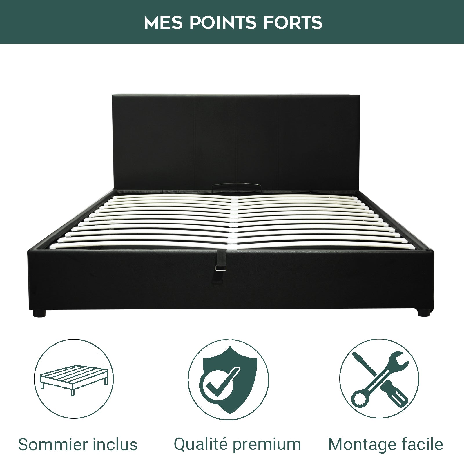 Lit coffre VariLuxe innovant - Tête de lit interchangeable : Simili cuir et grand coffre