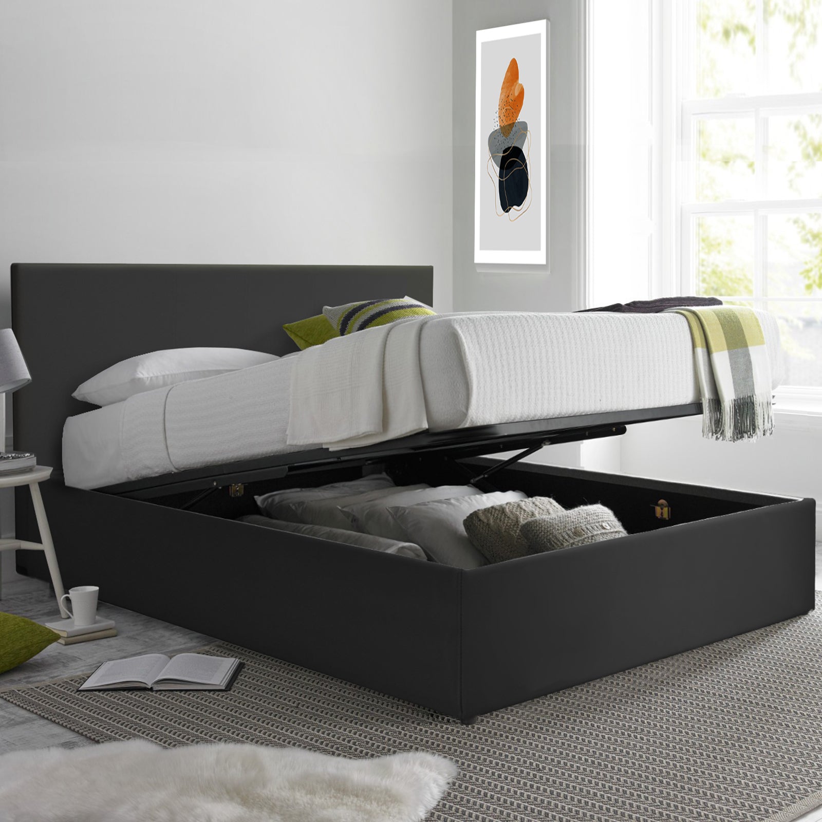 Lit coffre VariLuxe innovant - Tête de lit interchangeable : Simili cuir et grand coffre