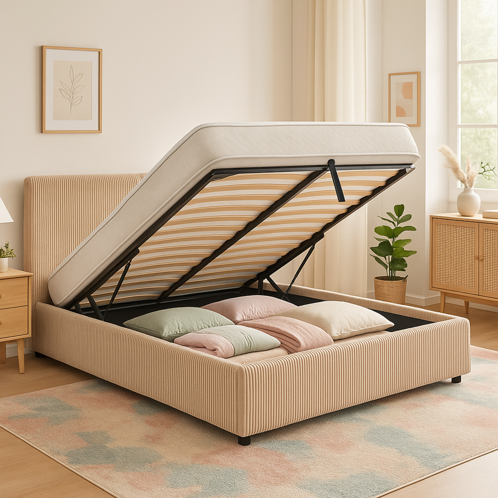 Lit coffre velours côtelé, tête de lit, grand espace de stockage - Collection Versailles