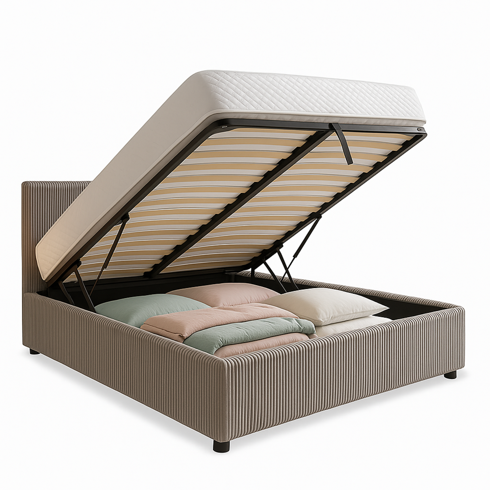 Lit coffre velours côtelé, tête de lit, grand espace de stockage - Collection Versailles
