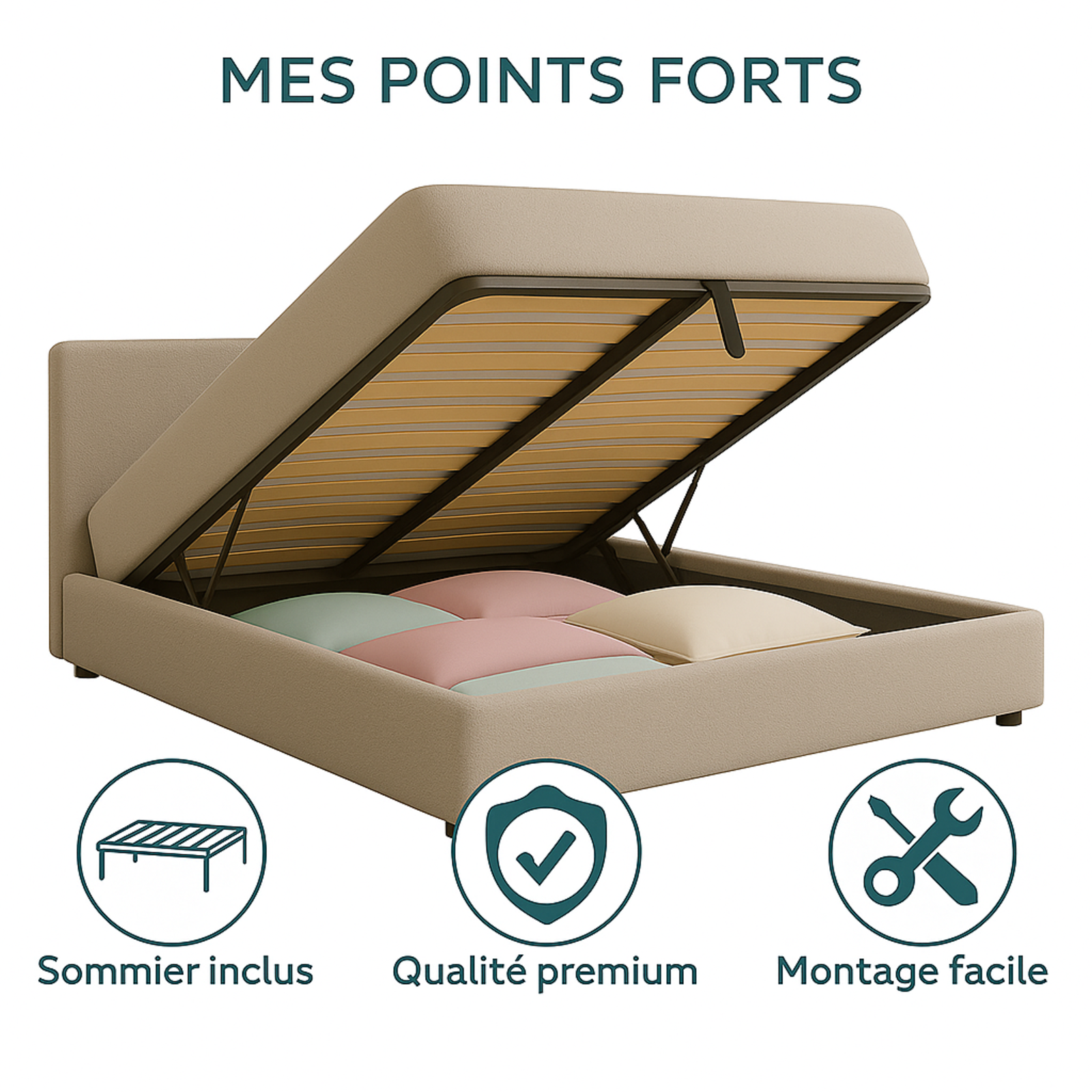 Lit coffre bouclette Versailles : tête de lit et grand coffre