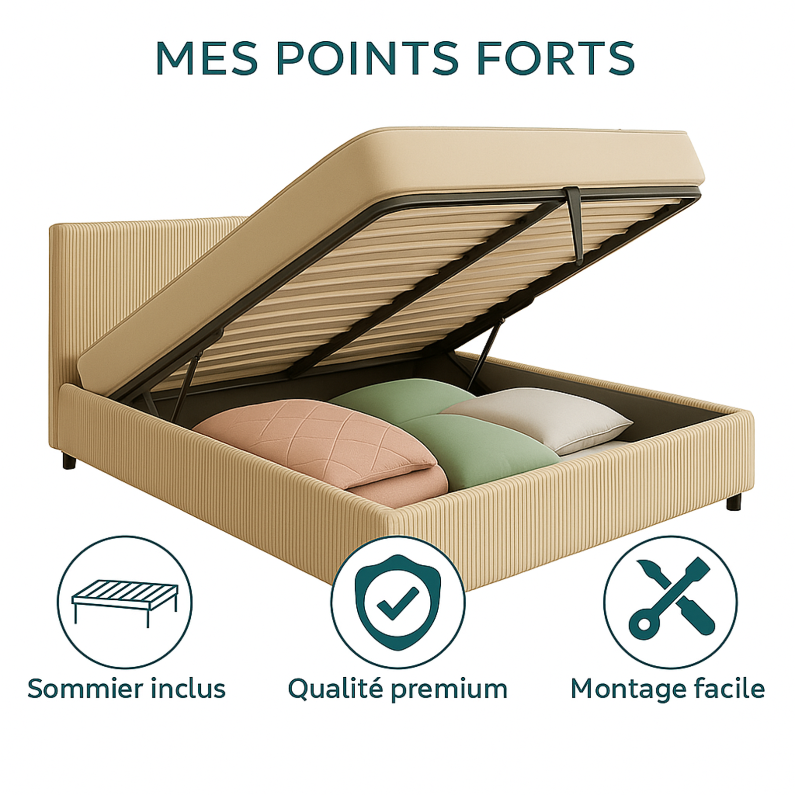 Lit coffre velours côtelé, tête de lit, grand espace de stockage - Collection Versailles