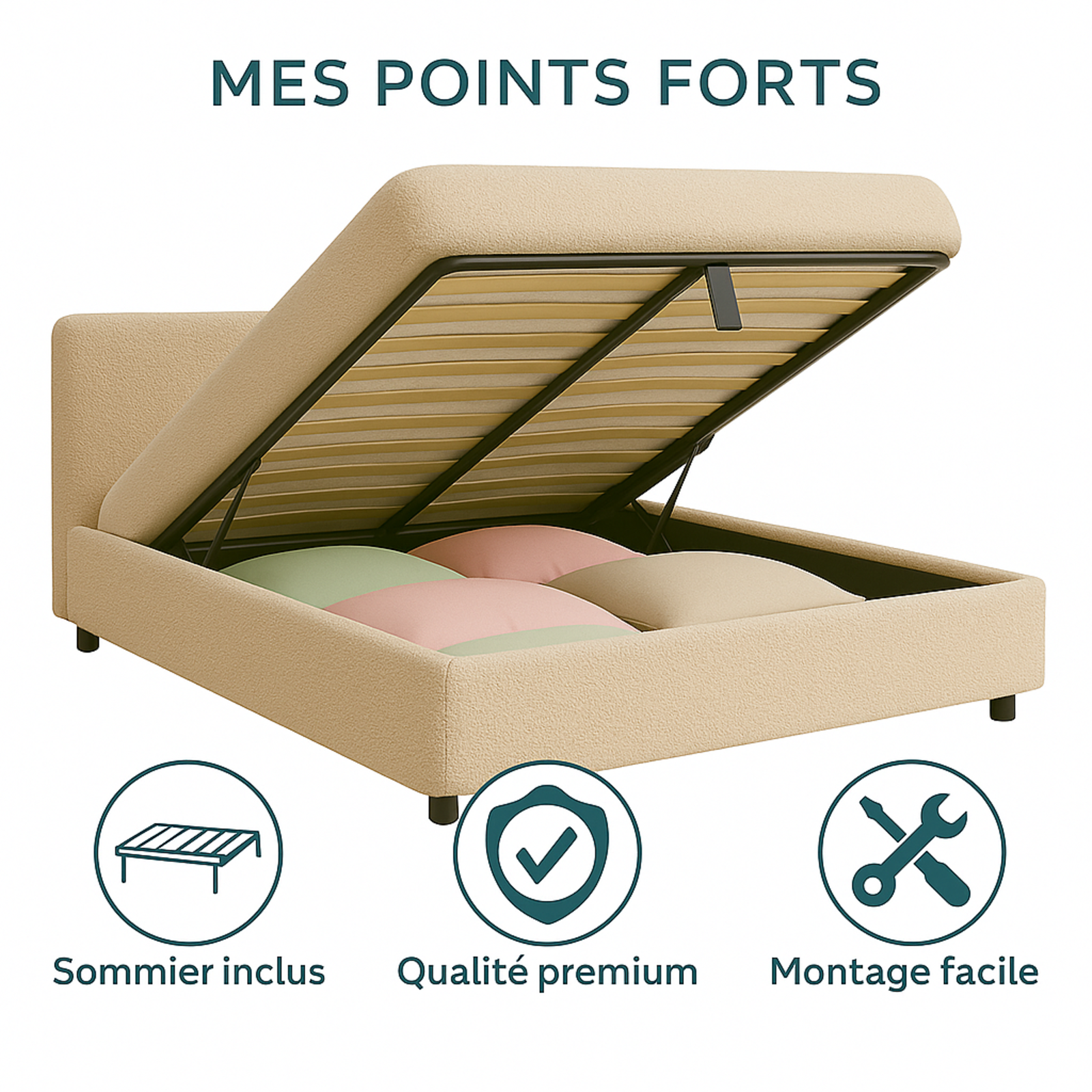 Lit coffre bouclette Versailles : tête de lit et grand coffre