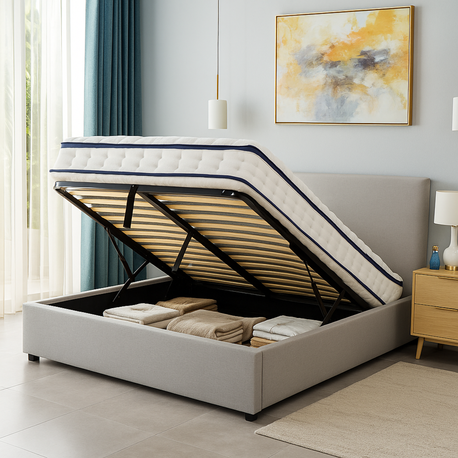Lit coffre Versailles : tissu et grand coffre