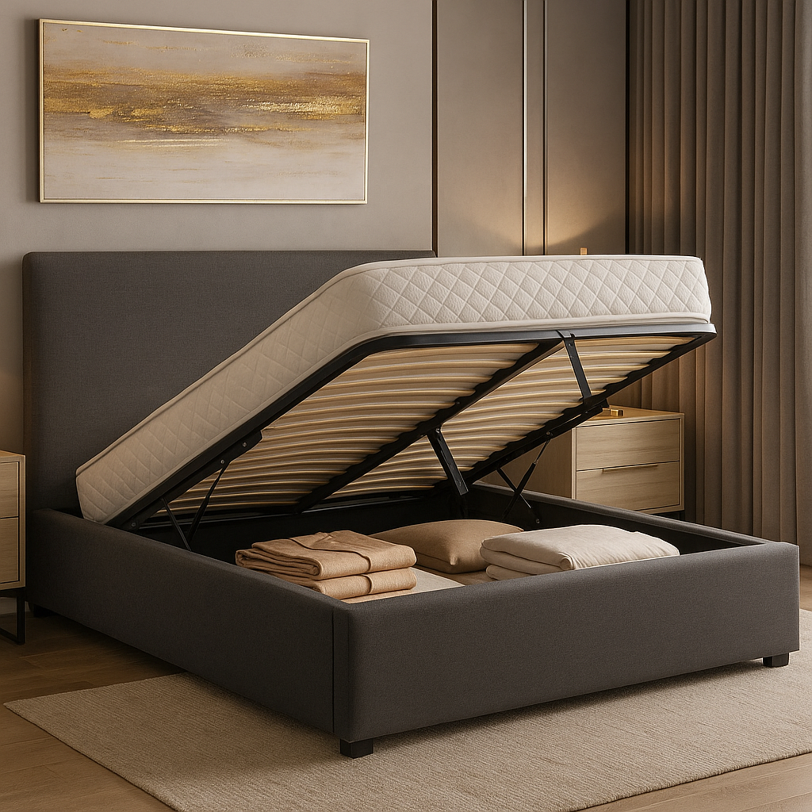 Lit coffre Versailles : tissu et grand coffre