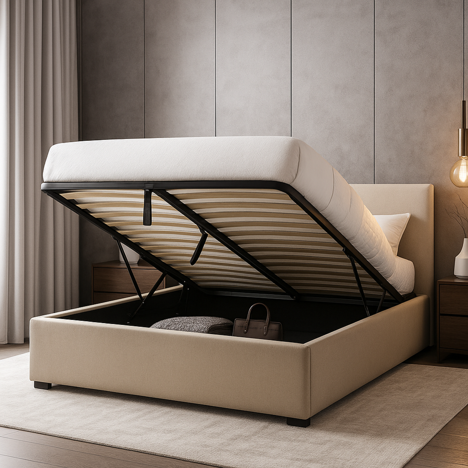 Lit coffre Versailles : tissu et grand coffre