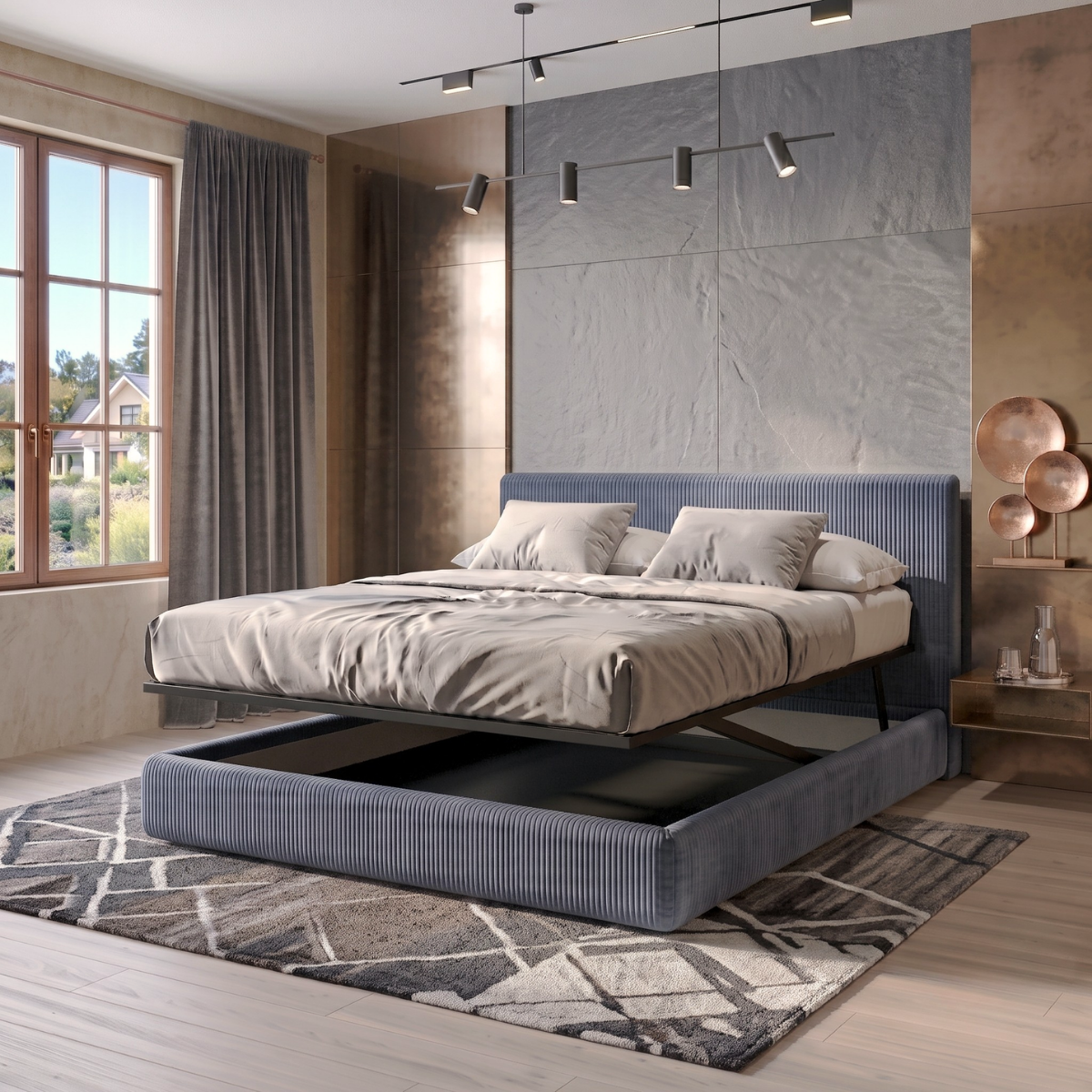Storage bed with side and front opening headboard in corduroy - Parallèle design collection