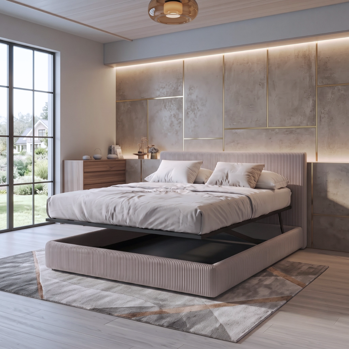Storage bed with side and front opening headboard in corduroy - Parallèle design collection