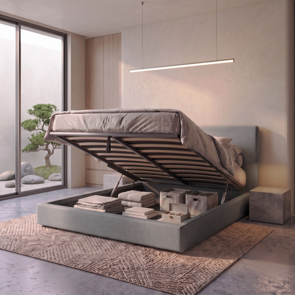 Storage bed with side and front opening headboard, fabric - Parallèle design collection