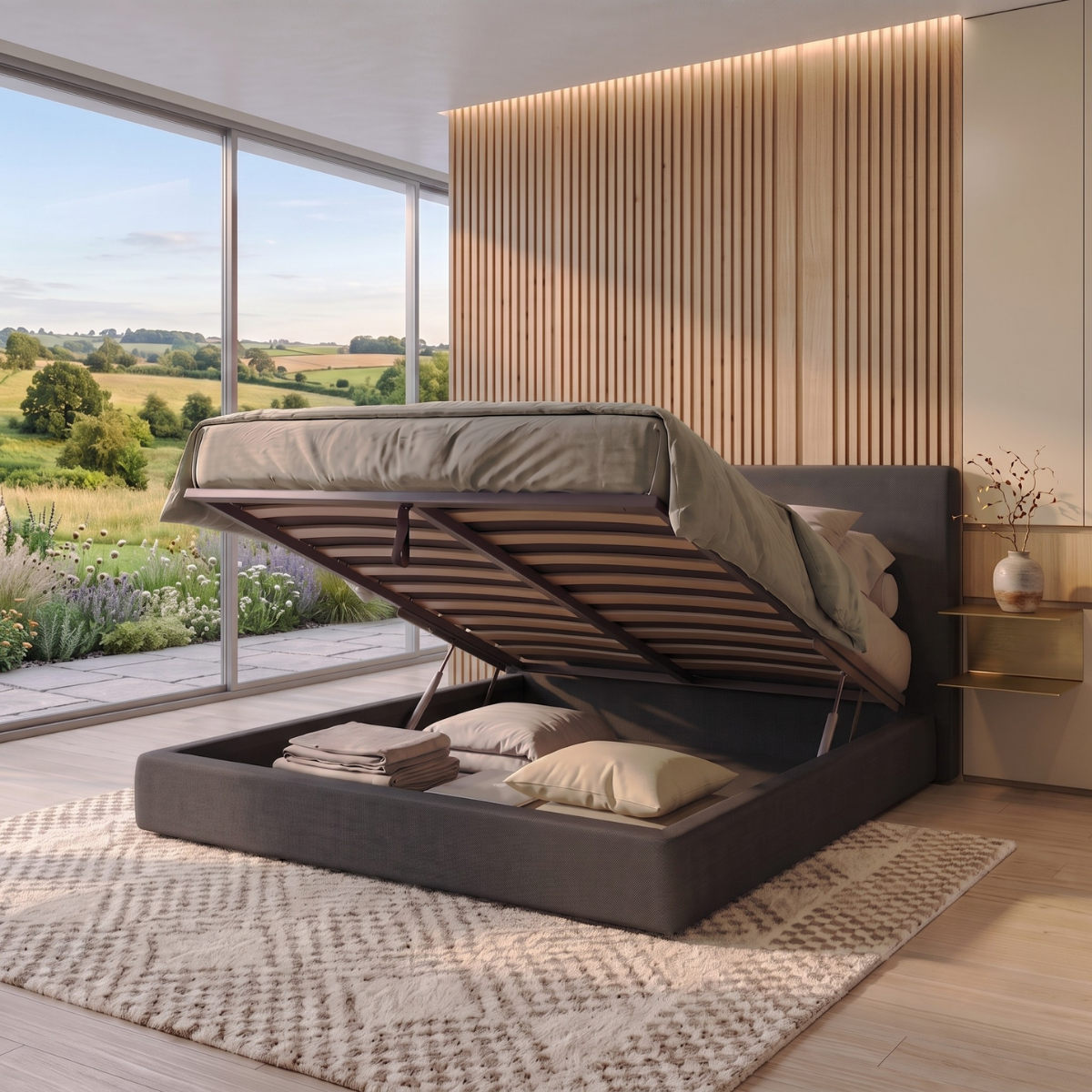 Storage bed with side and front opening headboard, fabric - Parallèle design collection