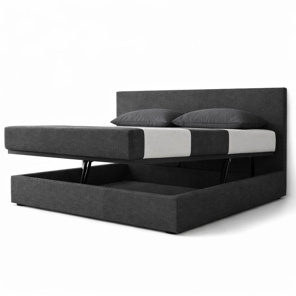 Storage bed with side and front opening headboard in bouclé fabric - Parallèle design collection