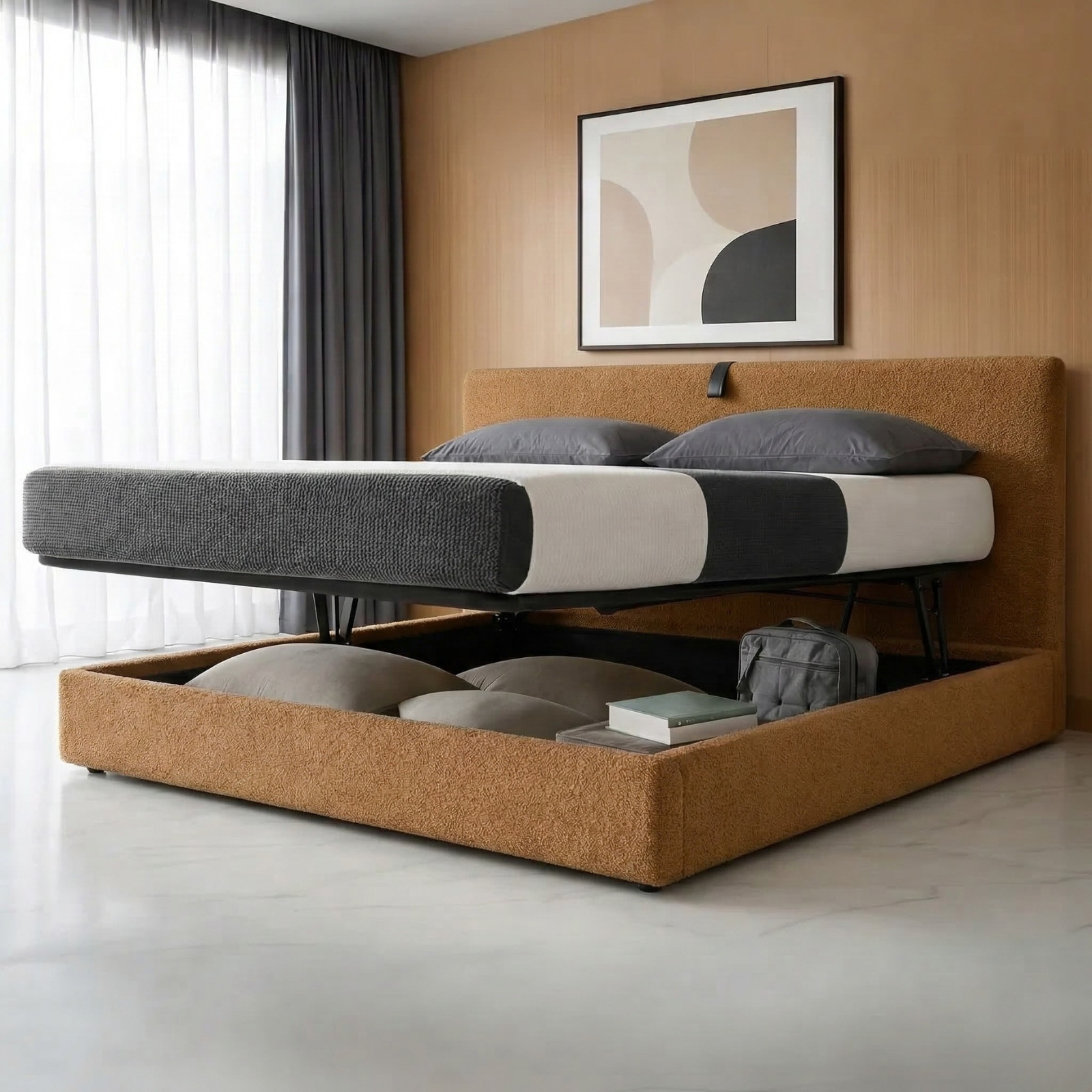 Storage bed with side and front opening headboard in bouclé fabric - Parallèle design collection