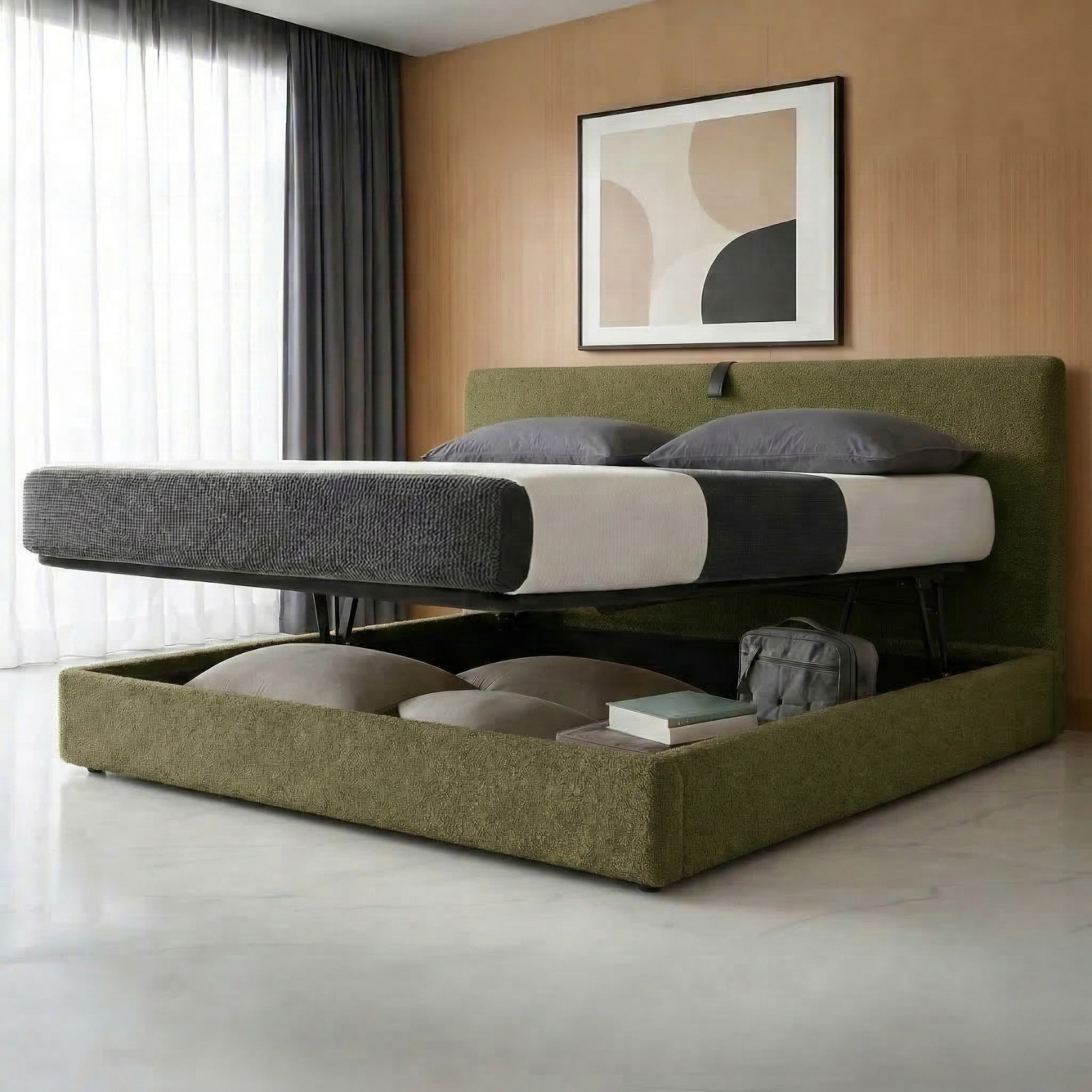 Storage bed with side and front opening headboard in bouclé fabric - Parallèle design collection