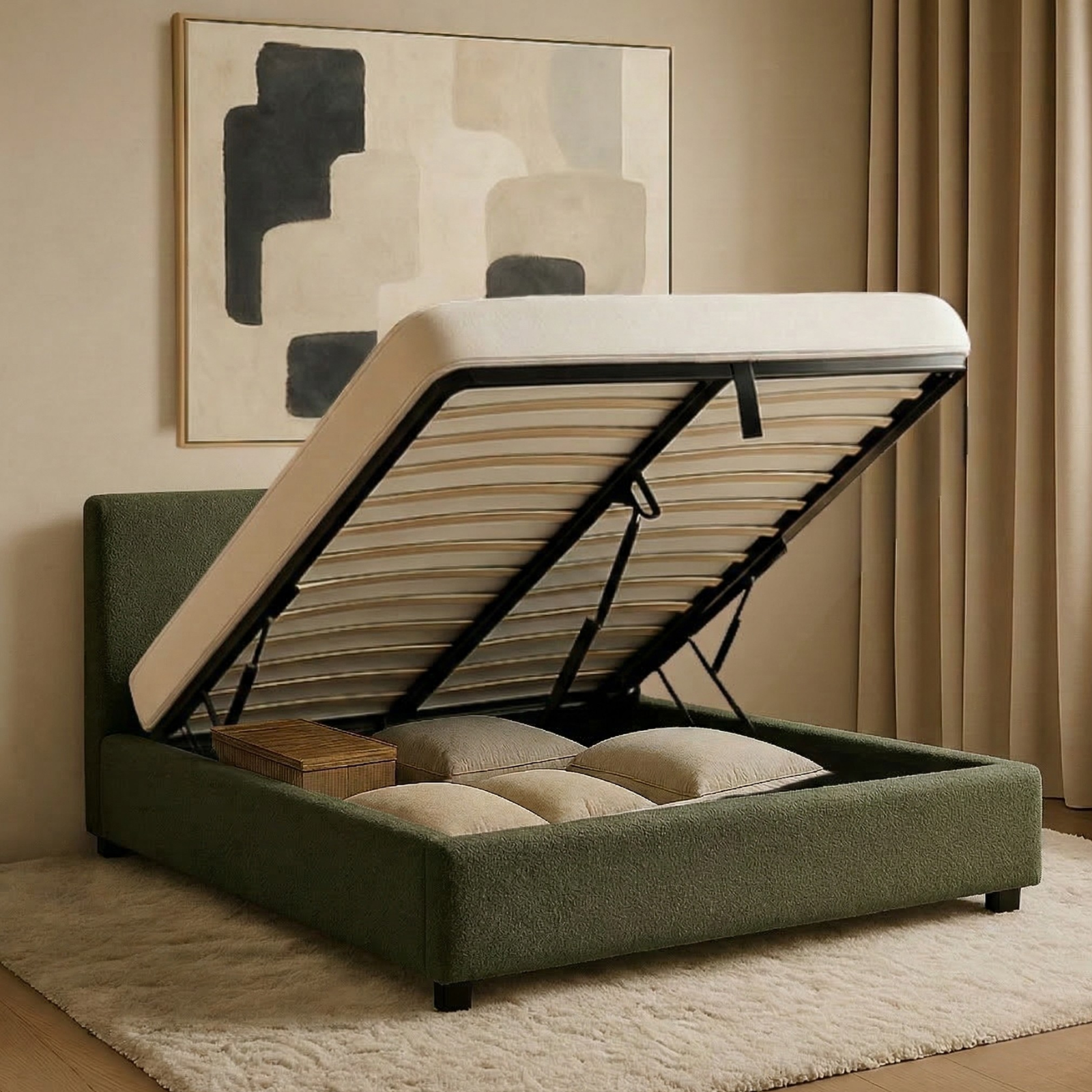 Electric storage bed with headboard, bouclé fabric, and remote control - Futura design collection