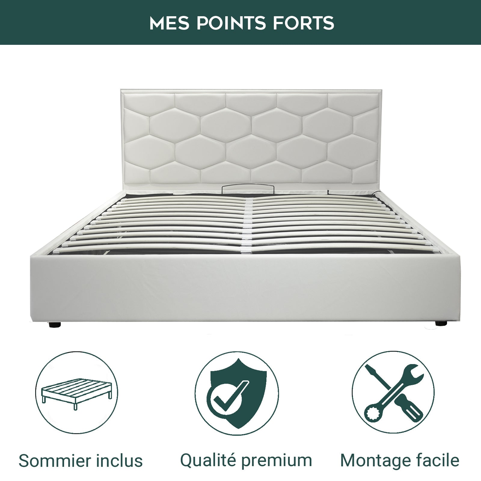 Lit coffre VariLuxe innovant - Tête de lit interchangeable : Simili cuir et grand coffre