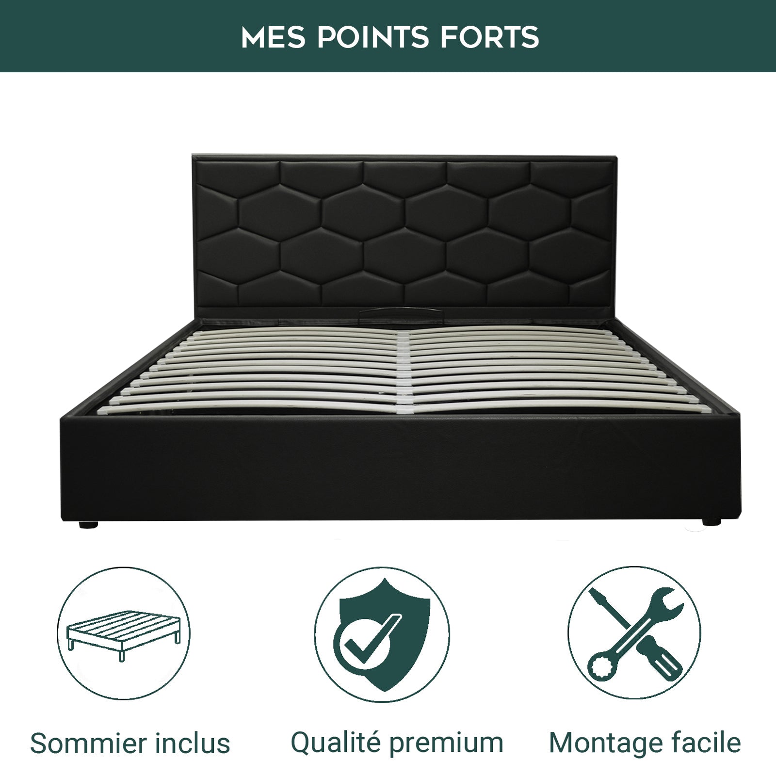 Lit coffre VariLuxe innovant - Tête de lit interchangeable : Simili cuir et grand coffre