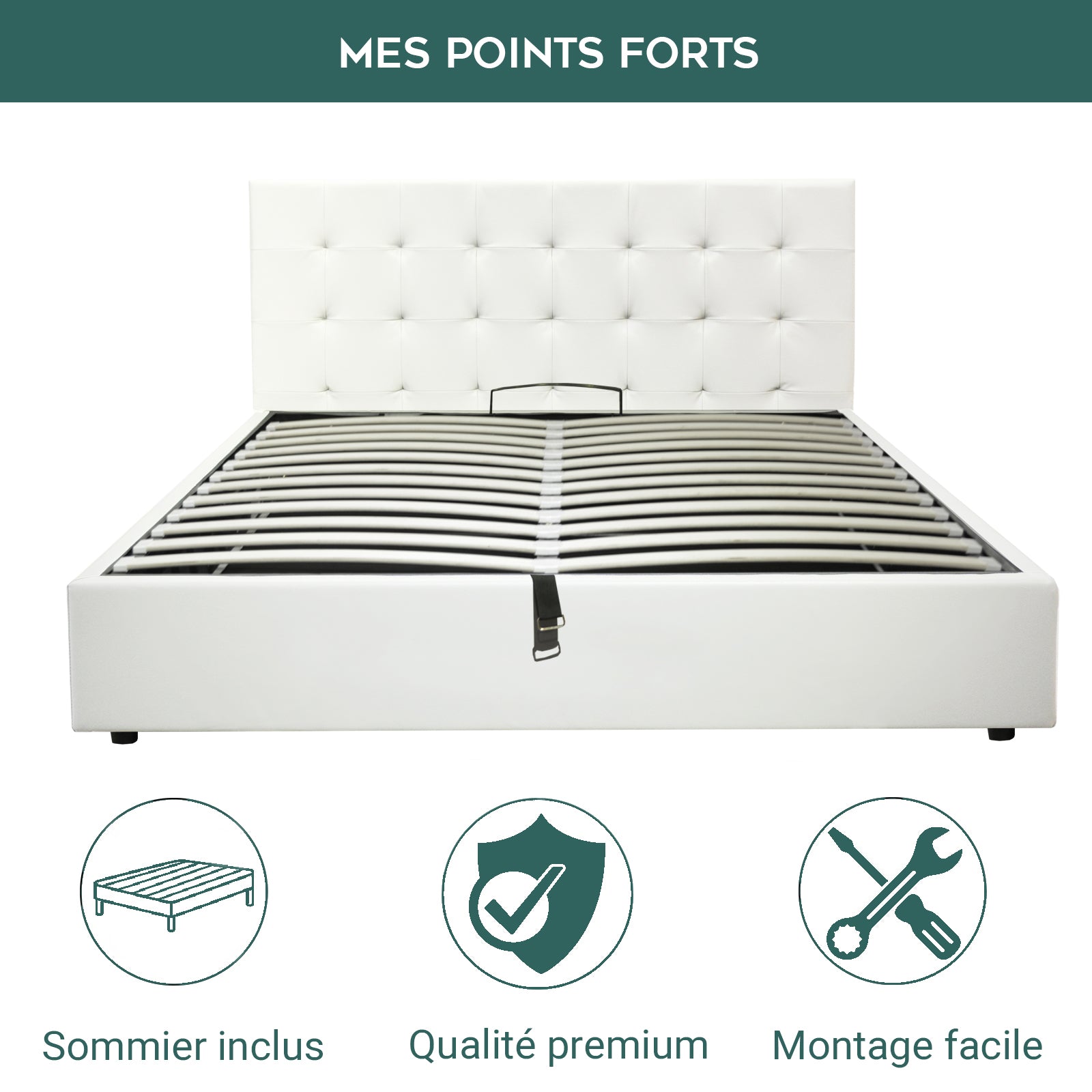 Lit coffre VariLuxe innovant - Tête de lit interchangeable : Simili cuir et grand coffre
