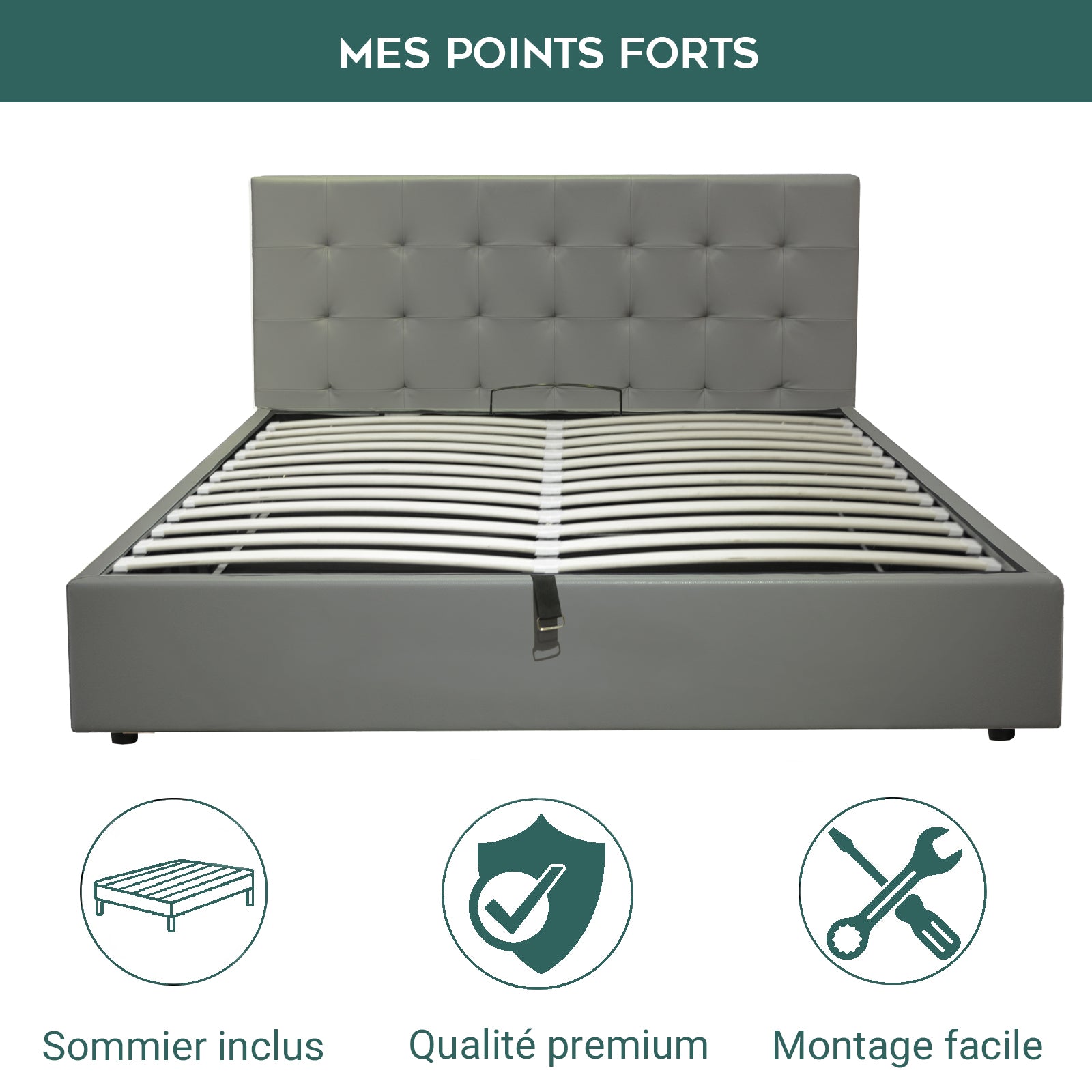 Lit coffre VariLuxe innovant - Tête de lit interchangeable : Simili cuir et grand coffre