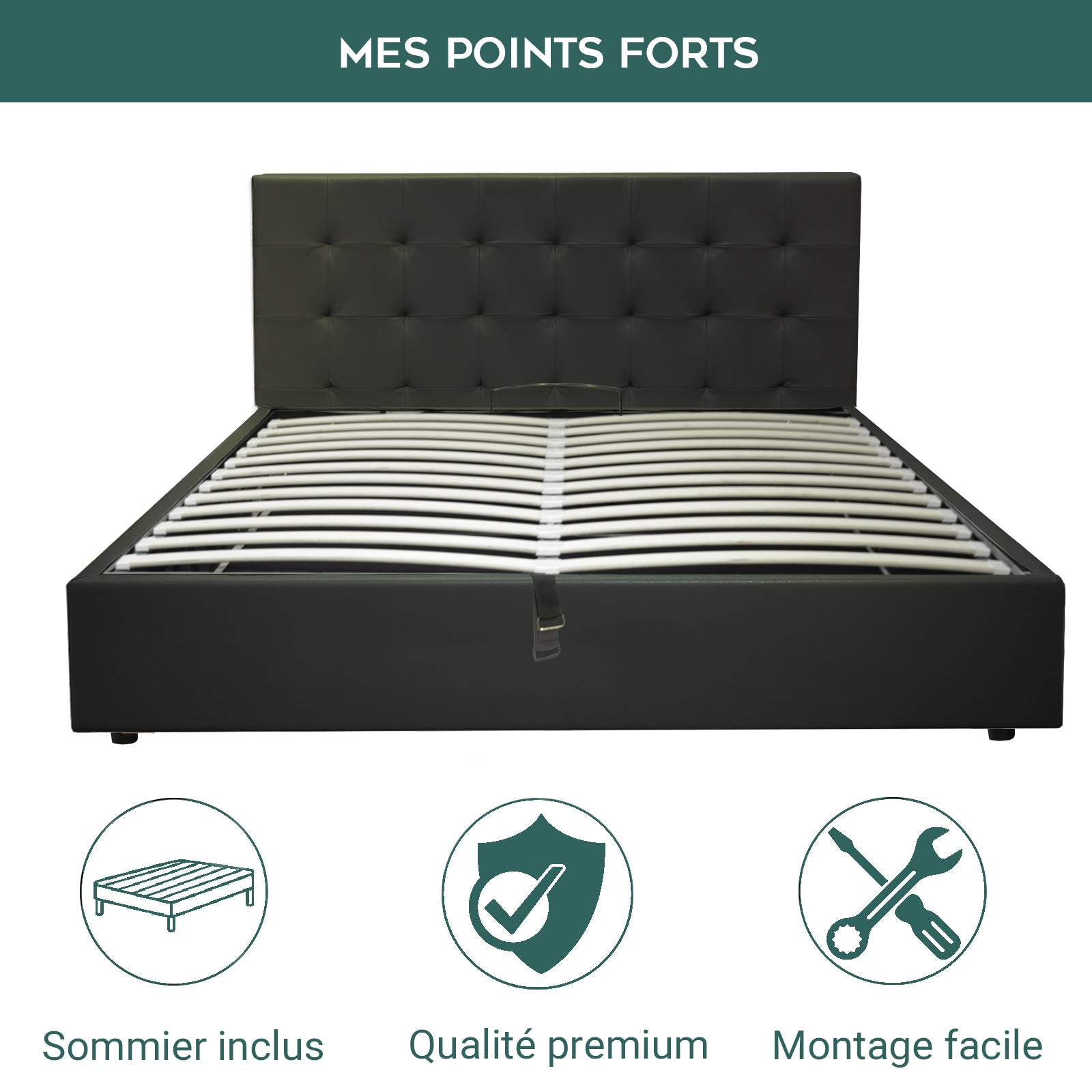 Lit coffre VariLuxe innovant - Tête de lit interchangeable : Simili cuir et grand coffre