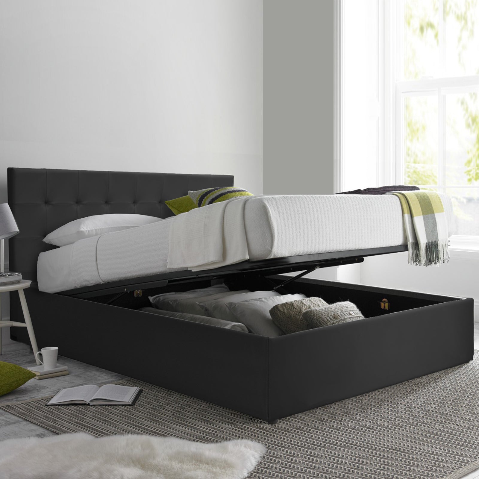 Lit coffre VariLuxe innovant - Tête de lit interchangeable : Simili cuir et grand coffre