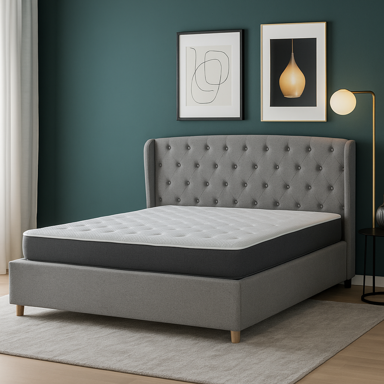 Lit capitonné Clémentine : tissu et sommier à lattes en bois