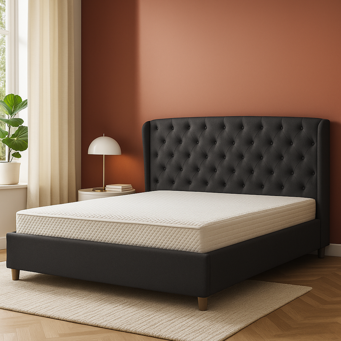 Lit capitonné Clémentine : tissu et sommier à lattes en bois