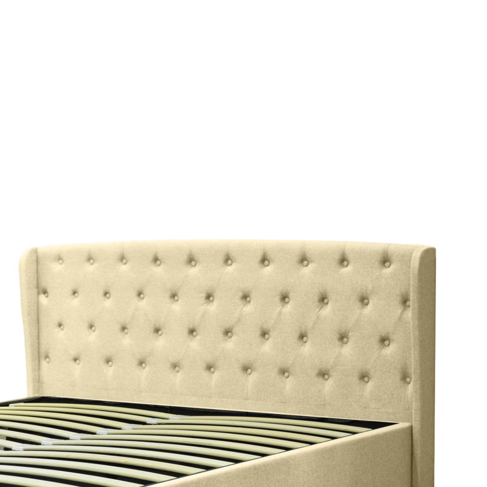 Lit coffre sommier relevable Monceau capitonné chic : tissu ou simili cuir et sommier à lattes en bois flexibles