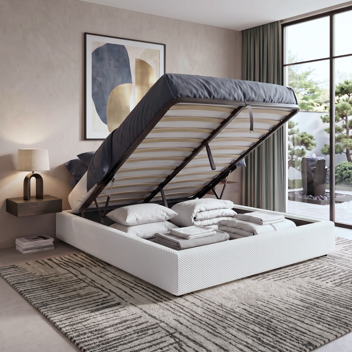 Lit coffre tissu Mesh 3D, lattes flexibles, grand espace de stockage - Collection Vegas