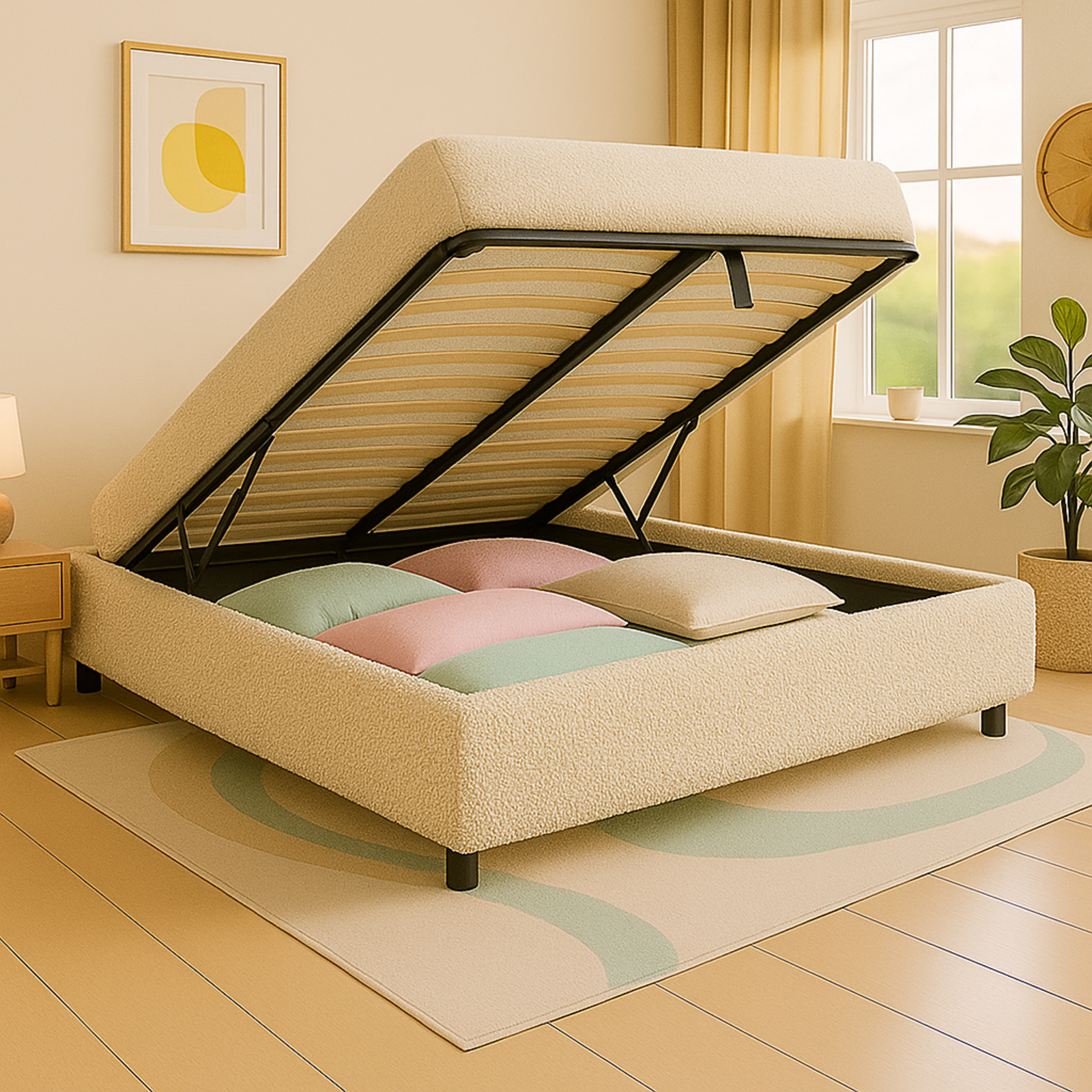 Lit coffre bouclette Versailles : design et grand coffre