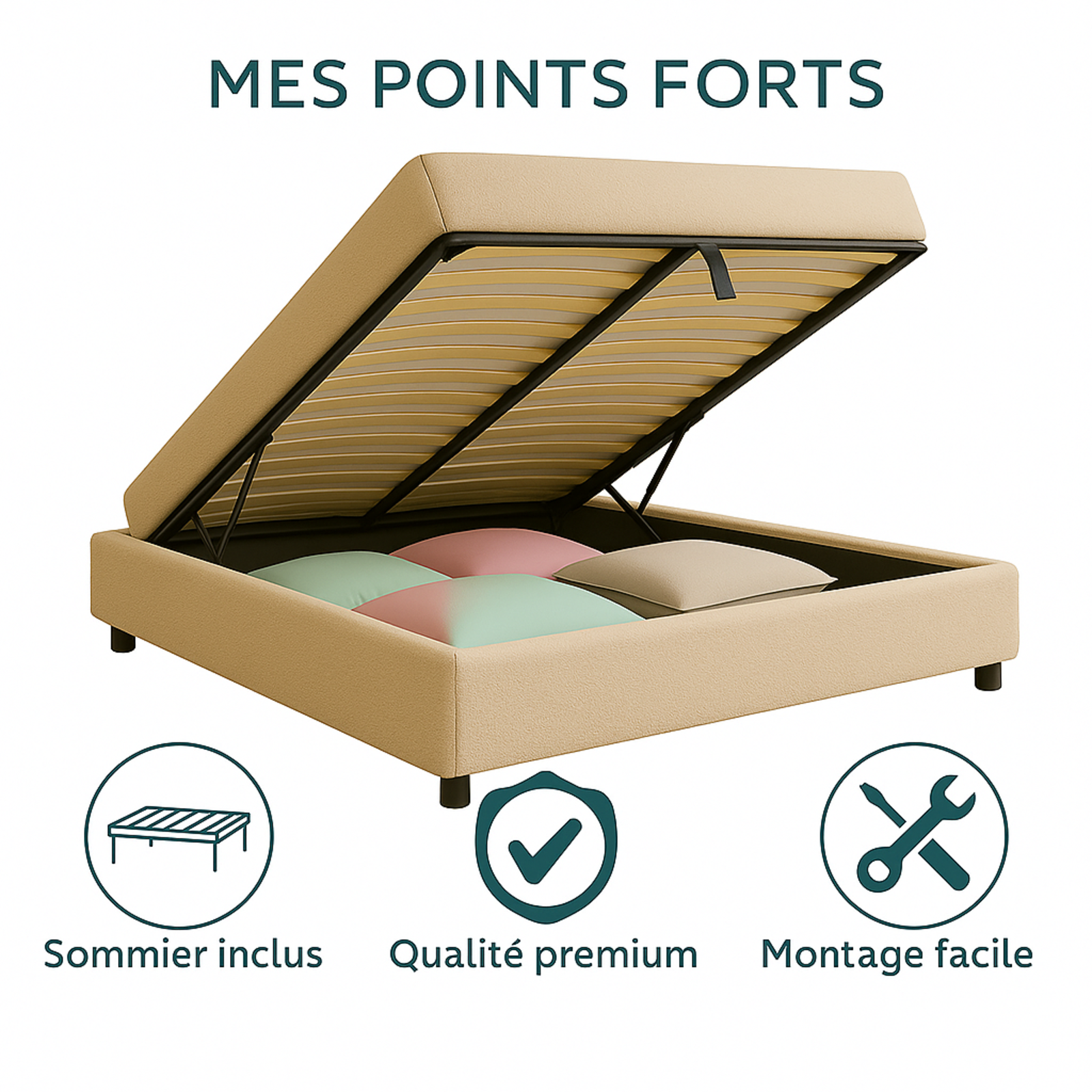 Lit coffre bouclette Versailles : design et grand coffre