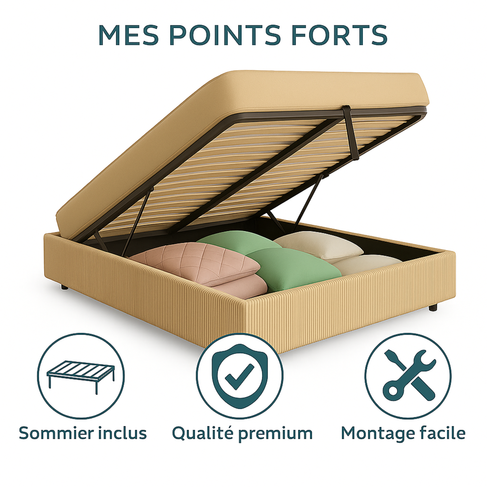 Lit coffre Vegas velours côtelé : sommier à lattes flexibles