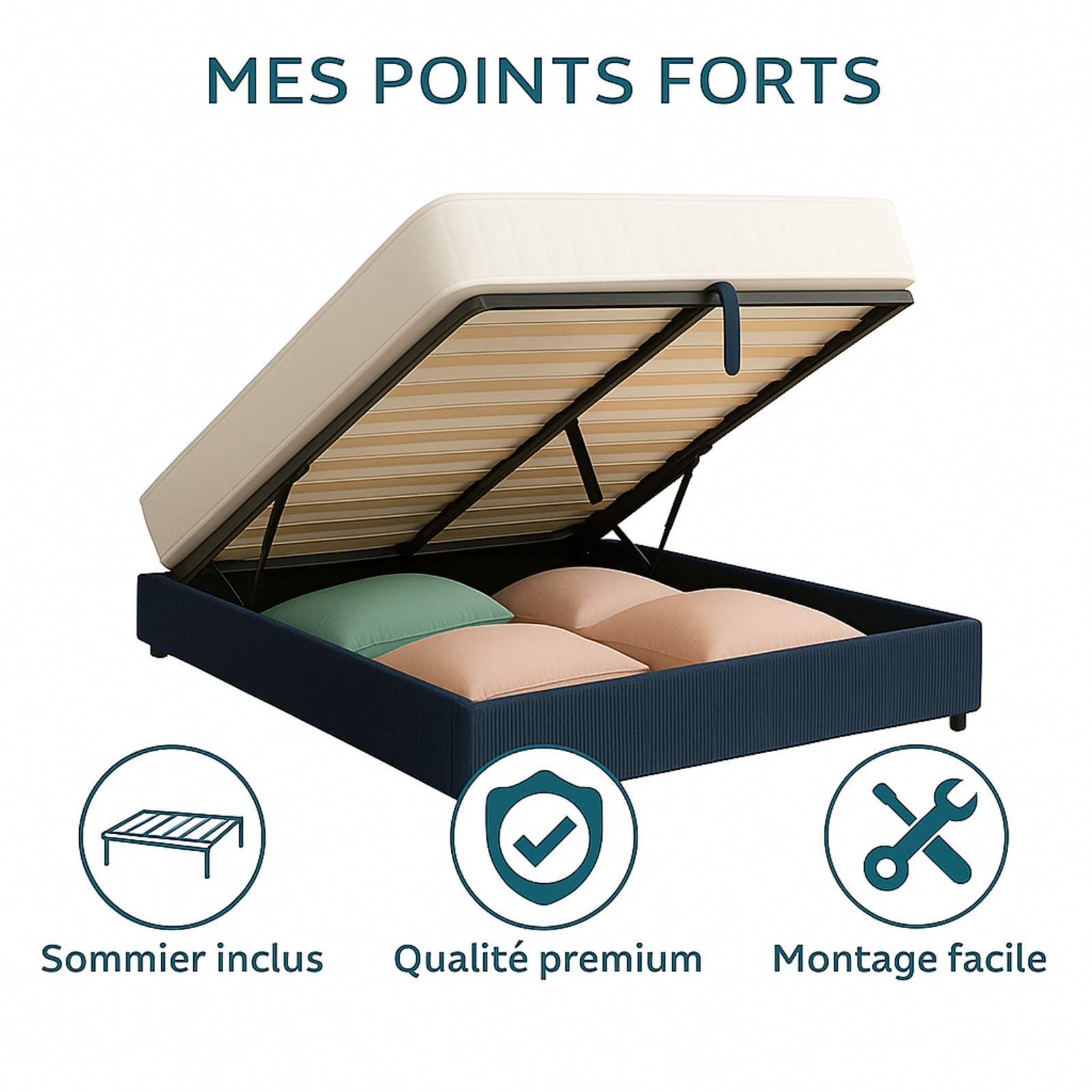 Lit coffre Vegas velours côtelé : sommier à lattes flexibles