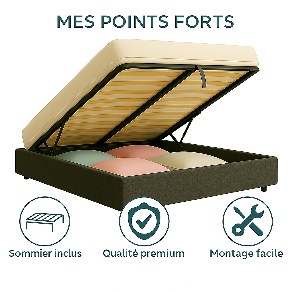 Lit coffre bouclette, lattes flexibles, grand espace de stockage - Collection Vegas