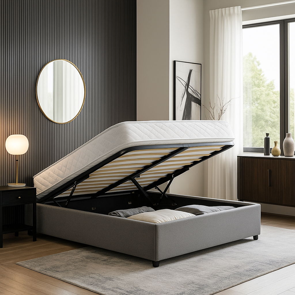 Vegas Bett mit Stauraum: Untergestell aus Kunstleder oder Stoff mit flexiblen Latten