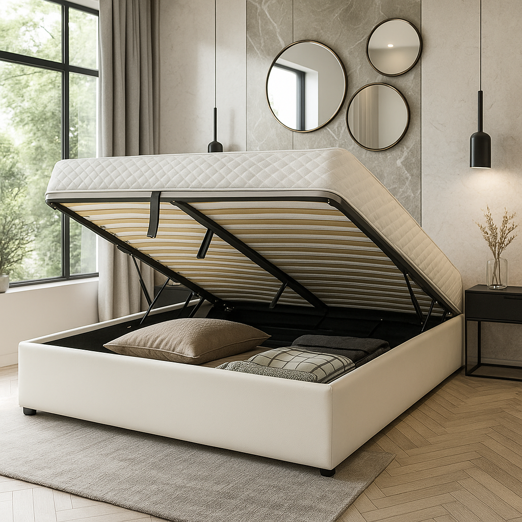 Vegas Bett mit Stauraum: Untergestell aus Kunstleder oder Stoff mit flexiblen Latten