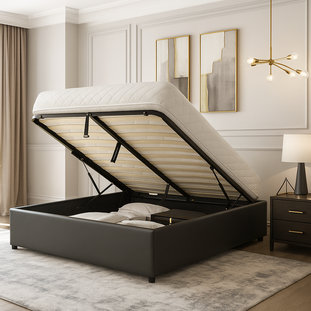 Vegas Bett mit Stauraum: Untergestell aus Kunstleder oder Stoff mit flexiblen Latten