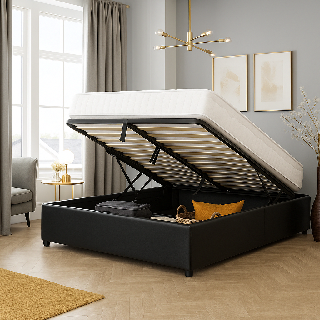 Vegas Bett mit Stauraum: Untergestell aus Kunstleder oder Stoff mit flexiblen Latten