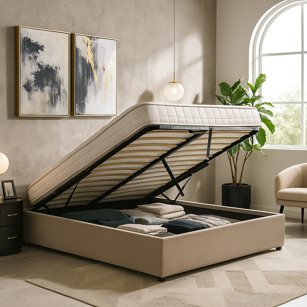 Fabric storage bed, flexible slats, large storage space - Vegas Collection