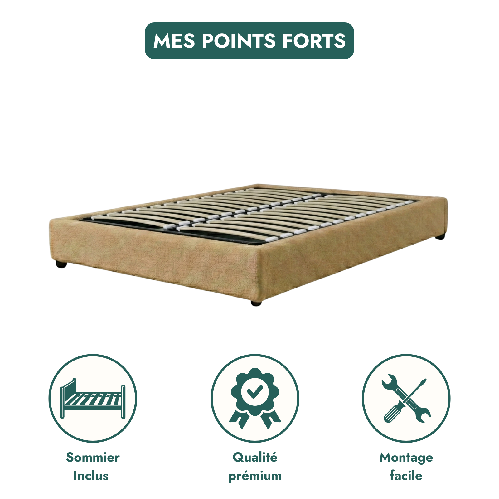 Lit coffre bouclette, lattes flexibles, grand espace de stockage - Collection Vegas
