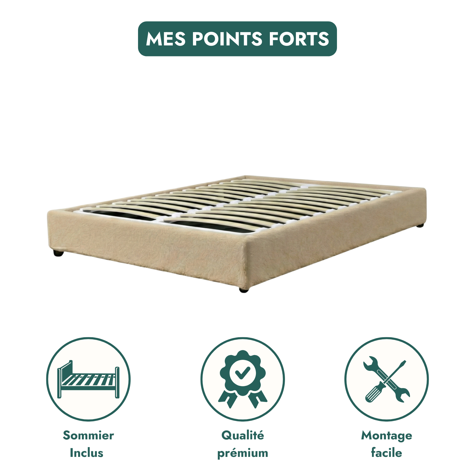 Lit coffre bouclette, lattes flexibles, grand espace de stockage - Collection Vegas