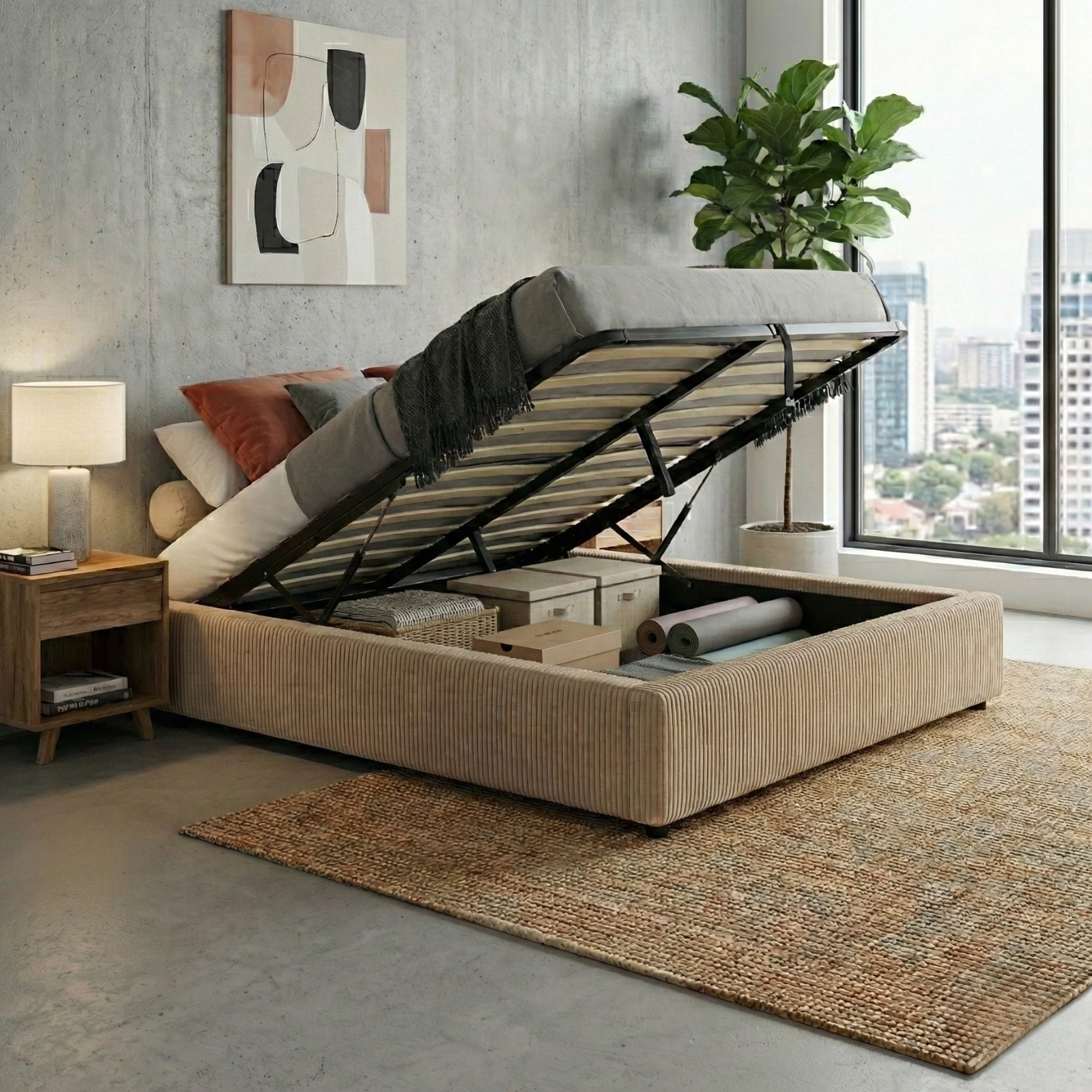 Corduroy storage bed, flexible slats, large storage space - Vegas Collection