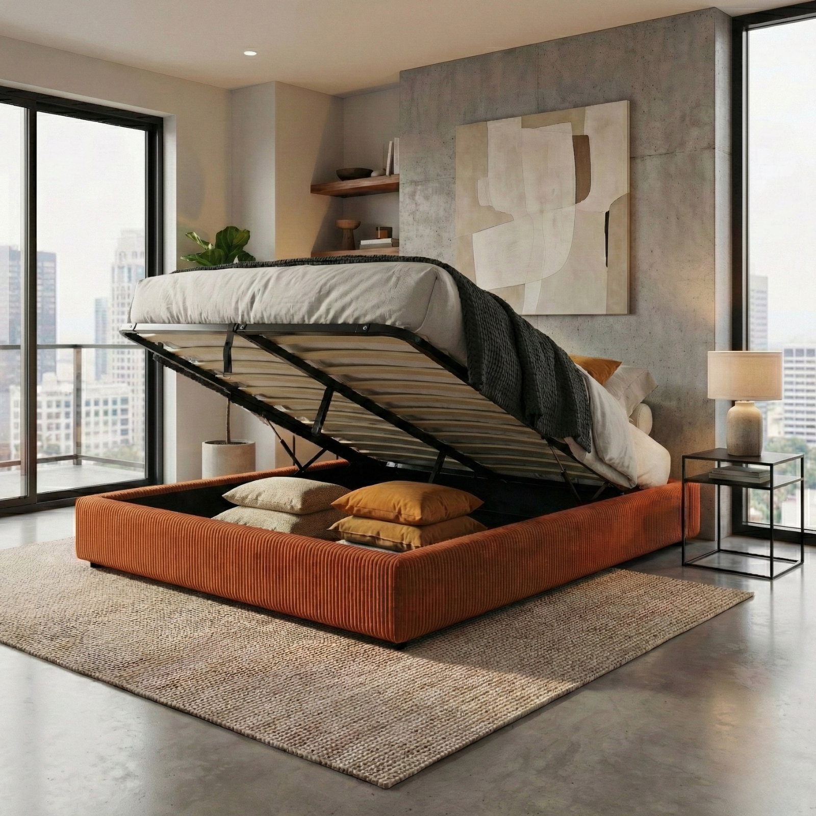 Corduroy storage bed, flexible slats, large storage space - Vegas Collection