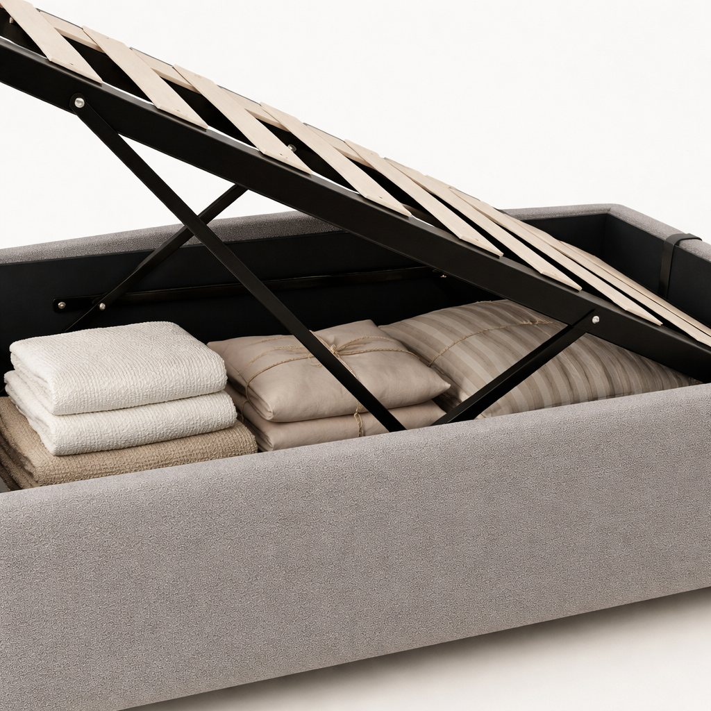 Lit coffre bouclette, lattes flexibles, grand espace de stockage - Collection Vegas