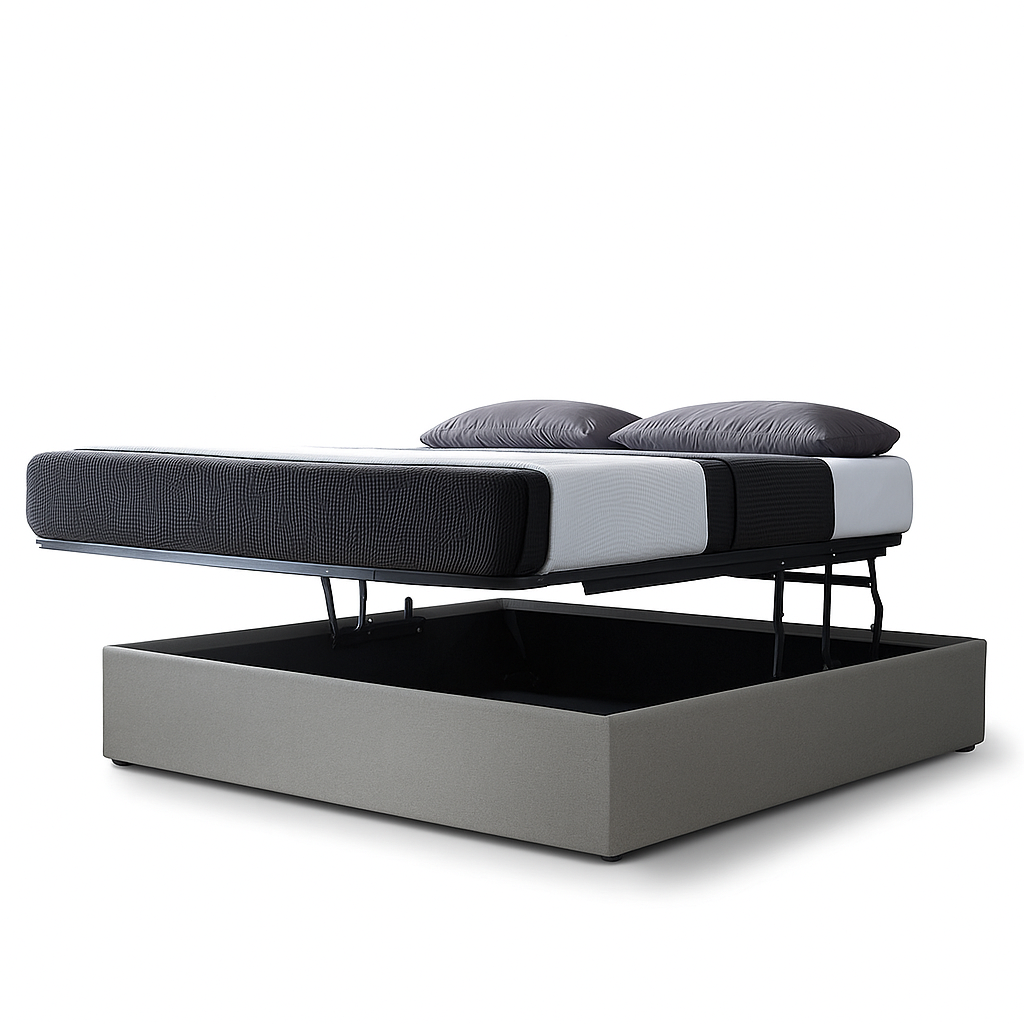 Lit coffre ouverture latérale et frontale tissu gris - Collection Parallèle